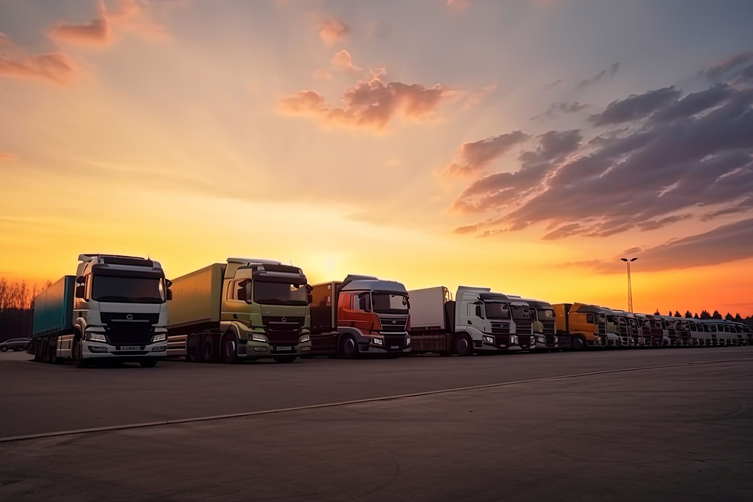 many transport trucks parked at a service station at sunset. Ai generative HGV Training Courses TrainHGV Train Recruitment lorry instructor HGV training in Maidstone