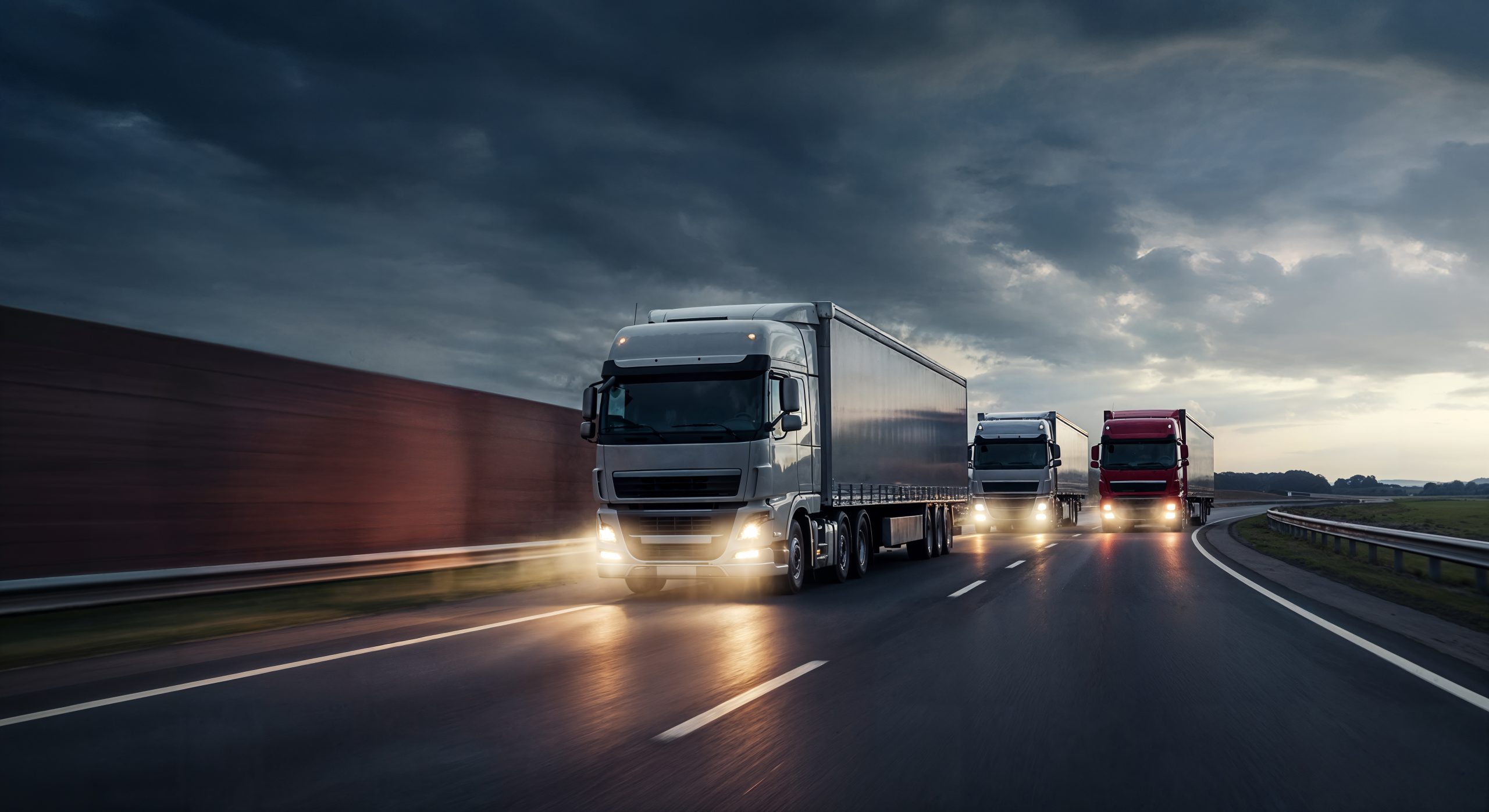 trucks-driving-highway-dusk HGV Training Courses TrainHGV Train Recruitment lorry instructor learner driver HGV training in Maidstone